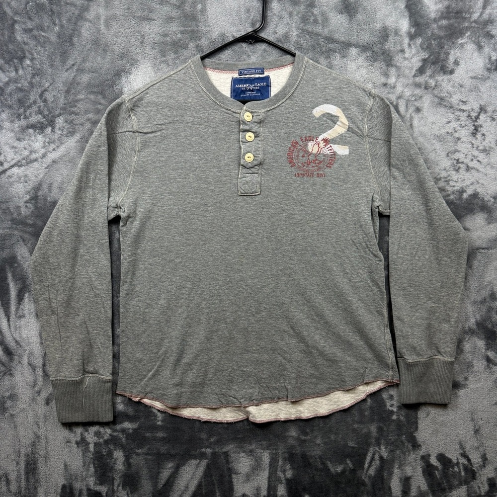 American Eagle Outfitters Gray Long Sleeve Henley with White Accent